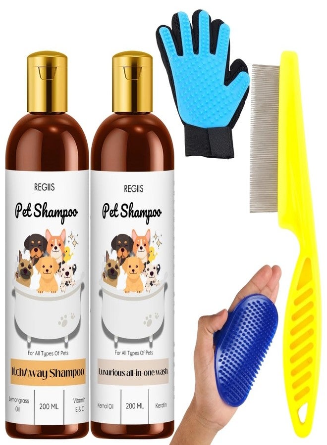 مجموعة شامبو الحيوانات الأليفة من ريجيس مع أدوات العناية، زجاجتان من شامبو الكلاب سعة 200 مل، قفاز لإزالة الشعر الزائد، مشط للبراغيث، فرشاة للحيوانات الأليفة لجميع أنواع الحيوانات الأليفة (عبوة من 5 قطع) - Image 1